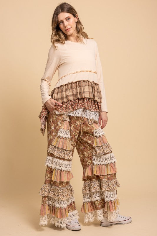 Floral Print Tiered Ruffle Wide Leg Pants