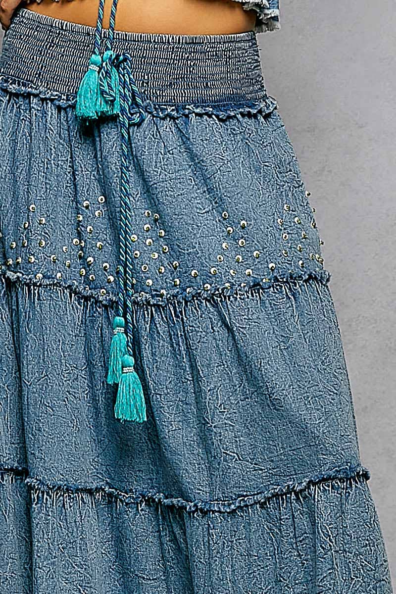 Bead Tassel Denim Maxi Skirt
