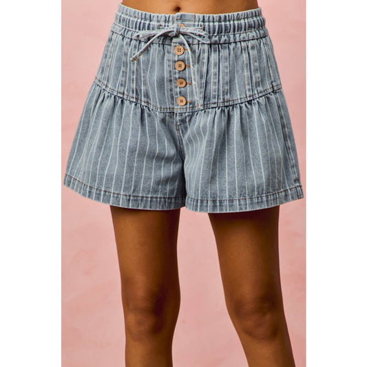 Ocean Stripe Pintuck Denim Shorts
