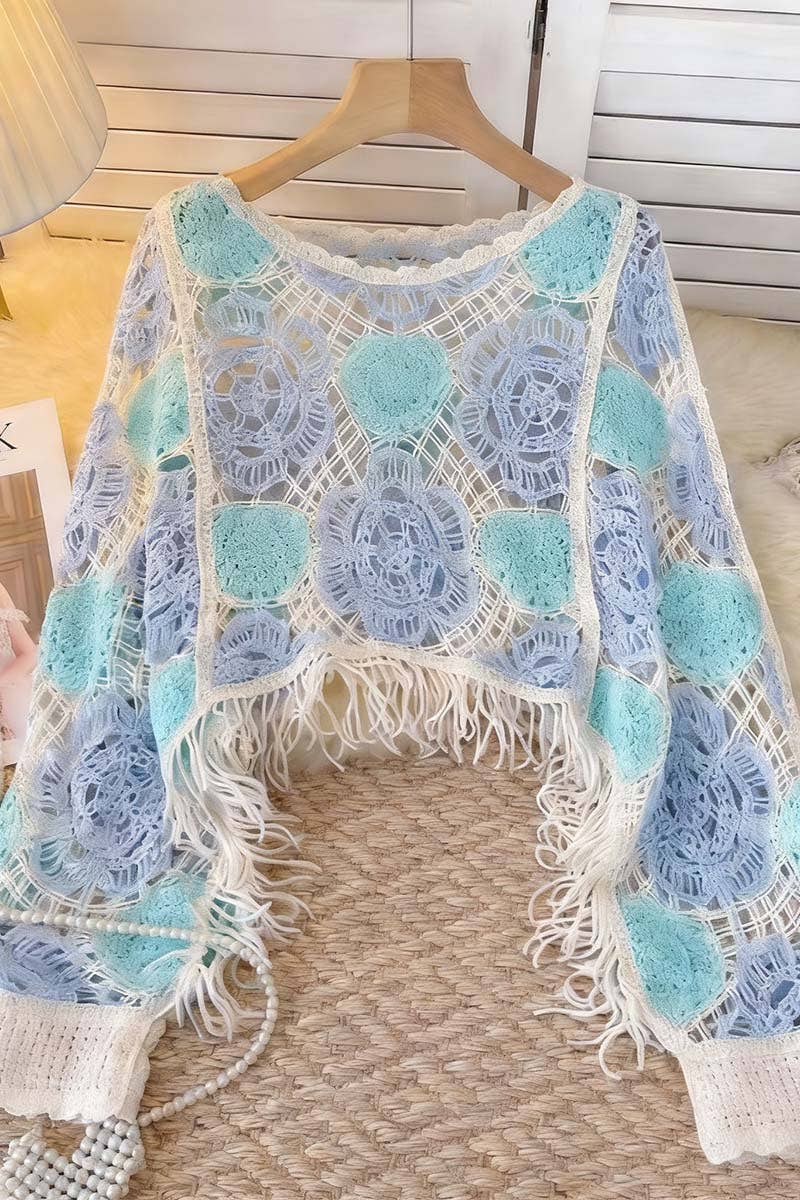 Crochet Floral Fringe Knit Top: GREEN / One Size