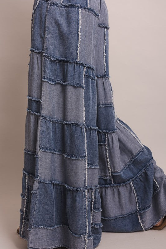 Island Drift Patchwork Chambray Tiered Pants