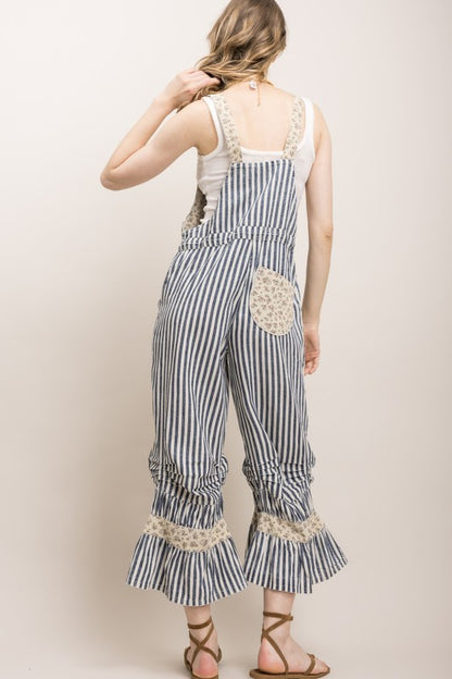 STRIPE CINCHED RUFFLE HEM BLOOMER OVERALLS