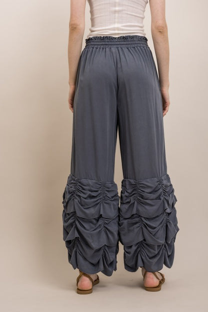 RUCHED RUFFLE HEM WIDE LEG PANTS