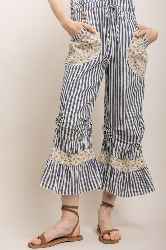 STRIPE CINCHED RUFFLE HEM BLOOMER OVERALLS