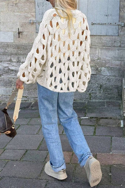 Open-Knit Balloon Sleeve Sweater: WHITE / XL