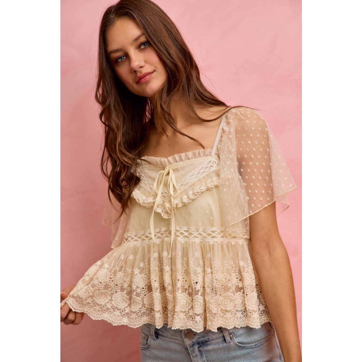 BOHEMIAN LACE TRIM RUFFLED MESH DOT BLOUSE TOP: CREAM