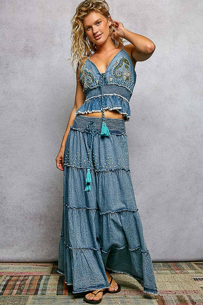 Bead Tassel Denim Maxi Skirt