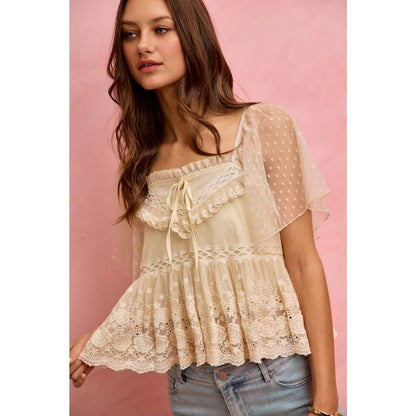 BOHEMIAN LACE TRIM RUFFLED MESH DOT BLOUSE TOP: CREAM