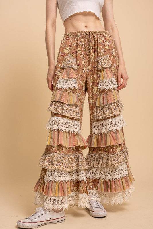 Floral Print Tiered Ruffle Wide Leg Pants