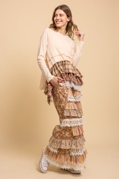 Floral Print Tiered Ruffle Wide Leg Pants