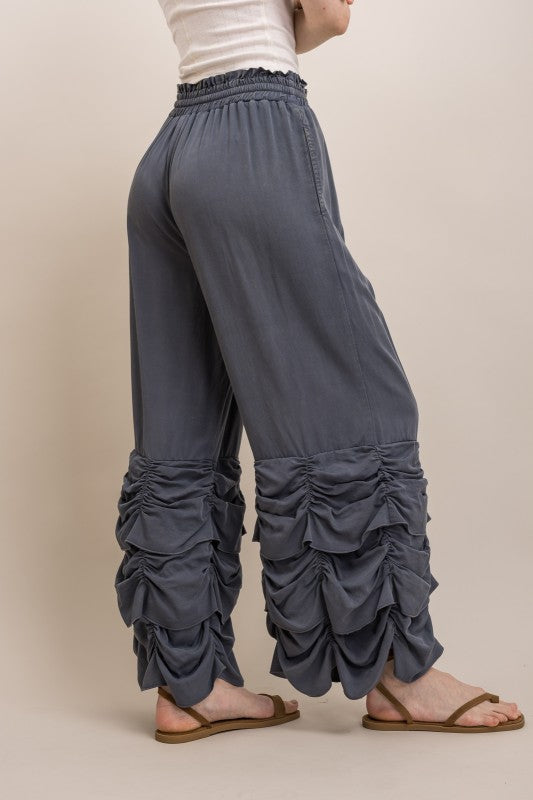 RUCHED RUFFLE HEM WIDE LEG PANTS