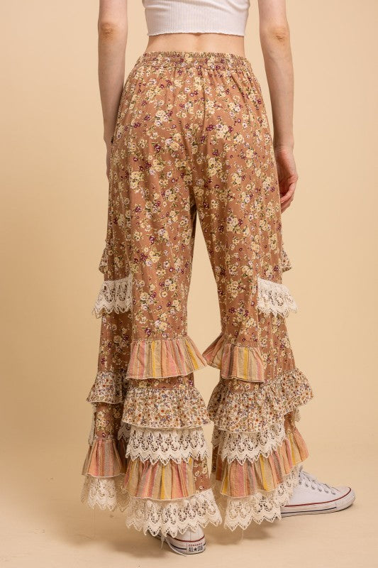 Floral Print Tiered Ruffle Wide Leg Pants