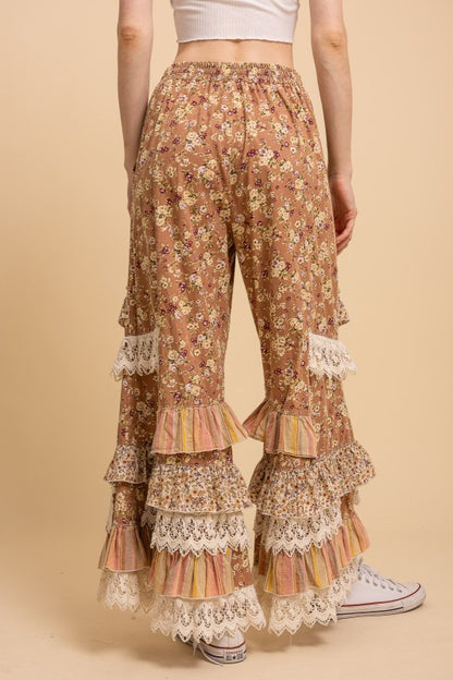 Floral Print Tiered Ruffle Wide Leg Pants
