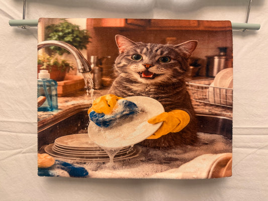 Funny Cat washing dishes hand towel