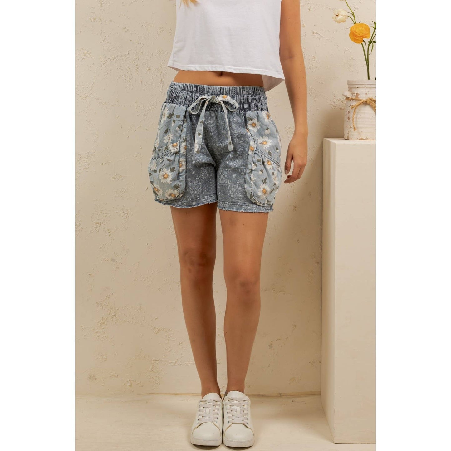 Coastal Daisy Patchwork Denim Shorts