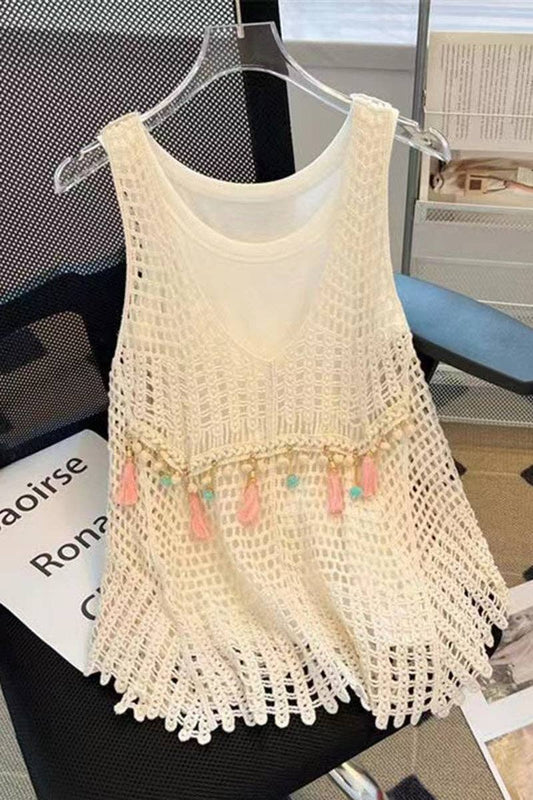Sleeveless Crochet Tank Top: WHITE / One Size