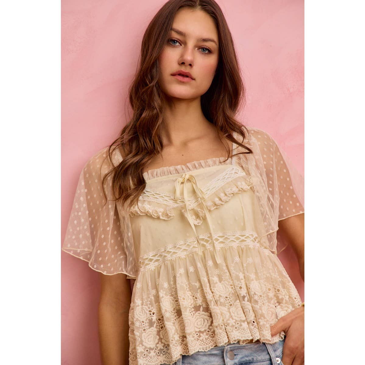 BOHEMIAN LACE TRIM RUFFLED MESH DOT BLOUSE TOP: CREAM