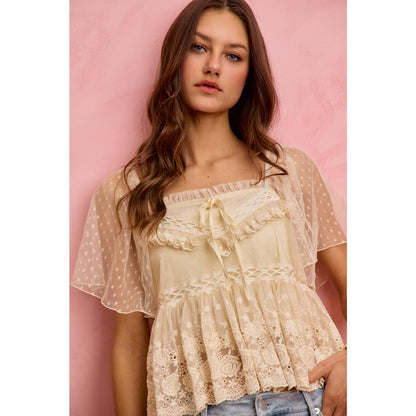 BOHEMIAN LACE TRIM RUFFLED MESH DOT BLOUSE TOP: CREAM