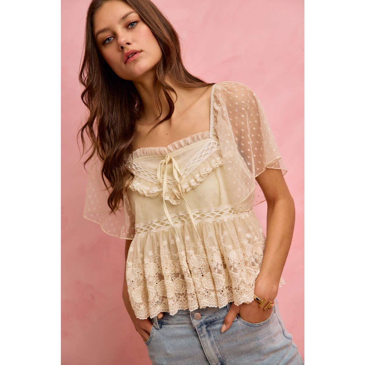 BOHEMIAN LACE TRIM RUFFLED MESH DOT BLOUSE TOP: CREAM