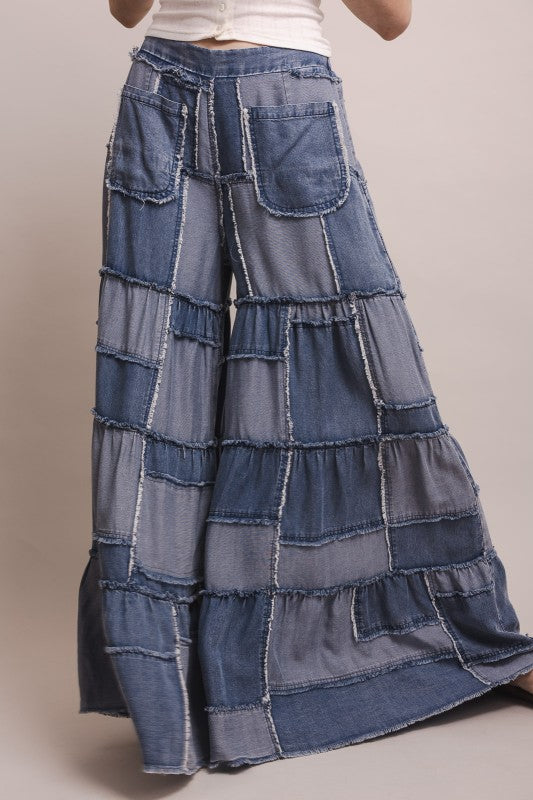Island Drift Patchwork Chambray Tiered Pants