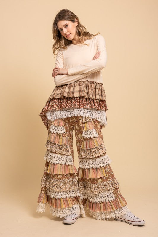 Floral Print Tiered Ruffle Wide Leg Pants
