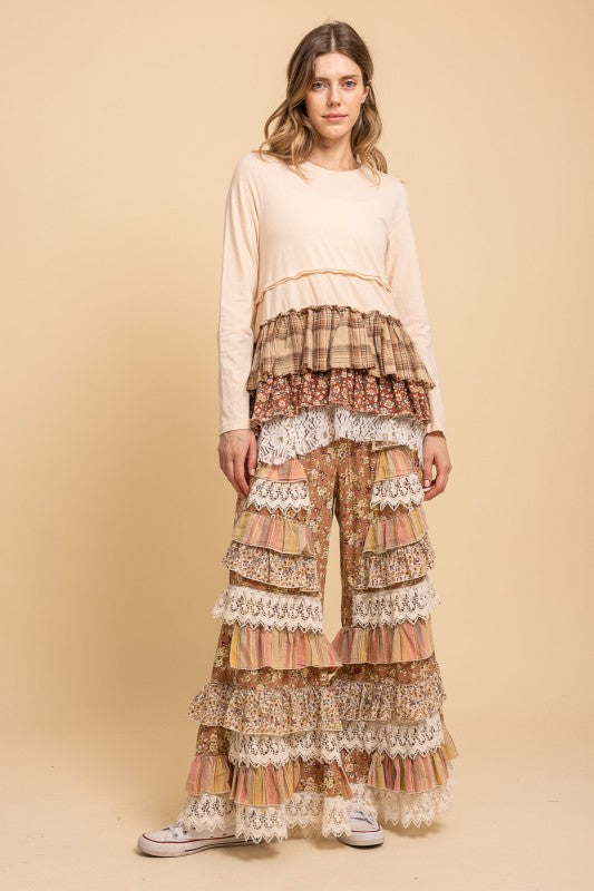 Floral Print Tiered Ruffle Wide Leg Pants