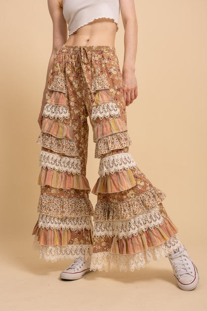 Floral Print Tiered Ruffle Wide Leg Pants