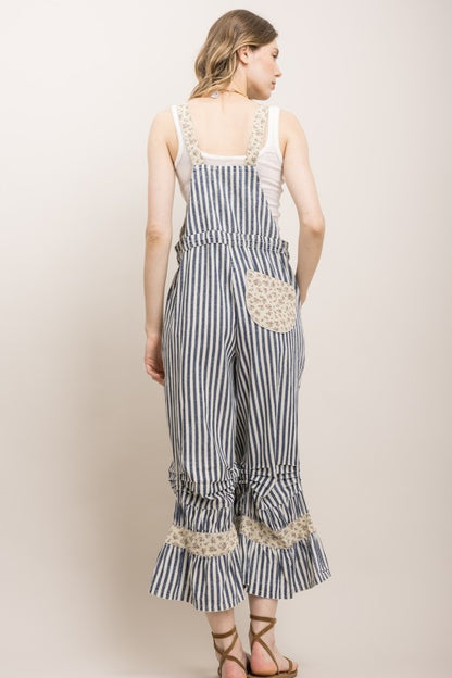 STRIPE CINCHED RUFFLE HEM BLOOMER OVERALLS