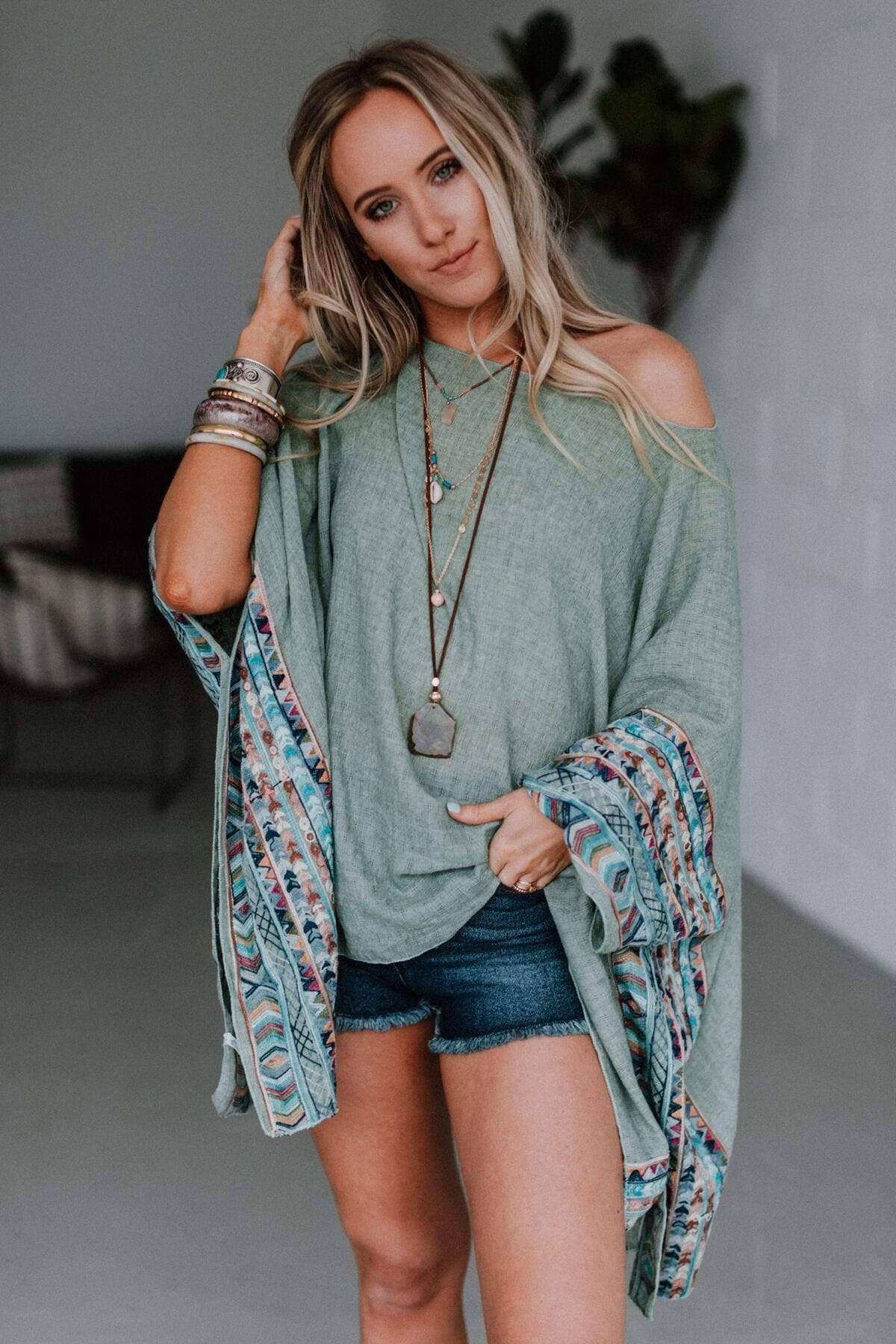 Seaside Fallon Embroidered Sleeve Poncho