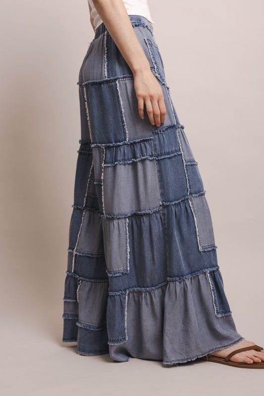 Island Drift Patchwork Chambray Tiered Pants