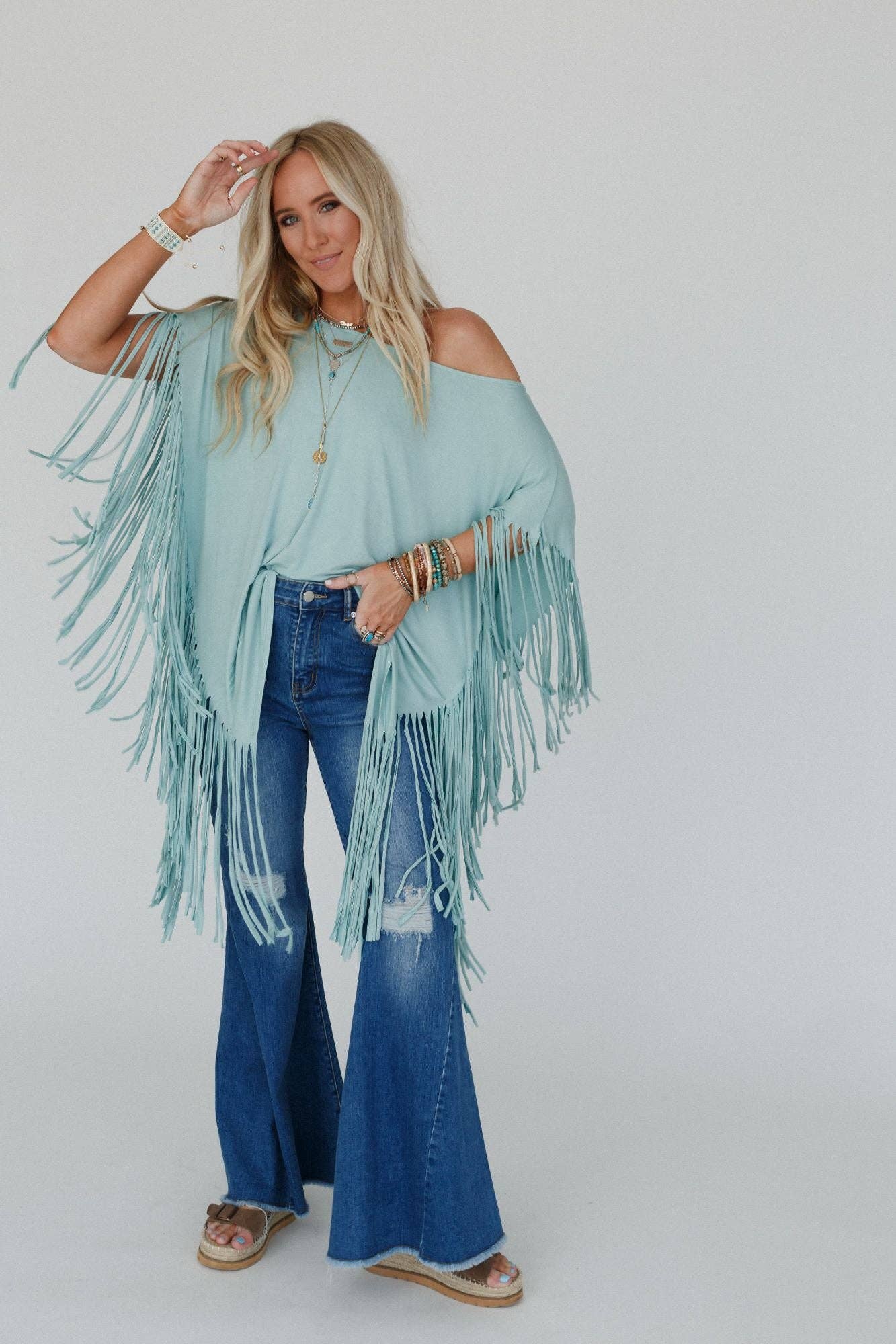 Showstopper Fringe Top - Washed Seafoam or Black