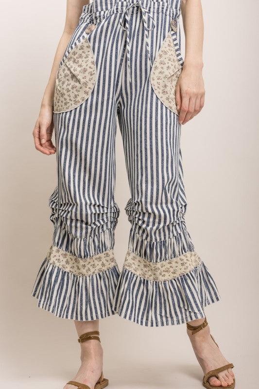 STRIPE CINCHED RUFFLE HEM BLOOMER OVERALLS