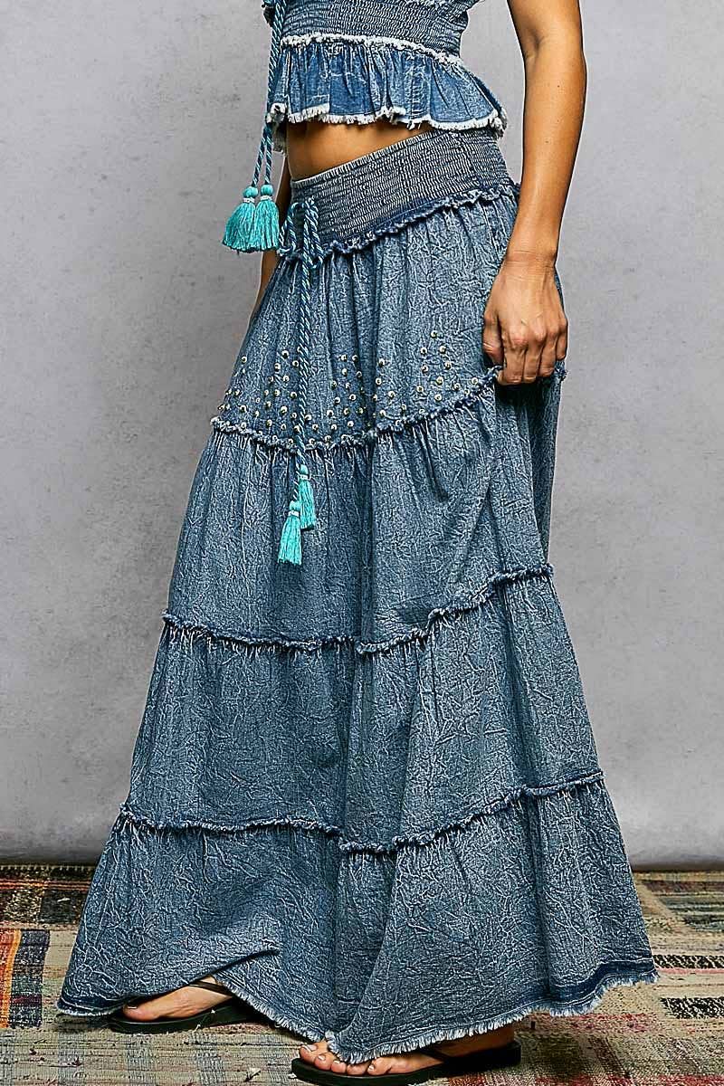 Bead Tassel Denim Maxi Skirt