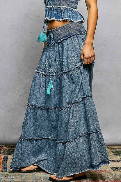 Bead Tassel Denim Maxi Skirt