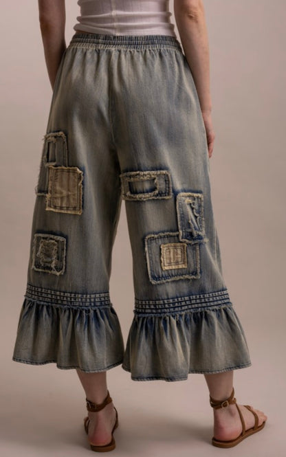 Embroidery Patchwork Ruffle Hem Cropped Pants