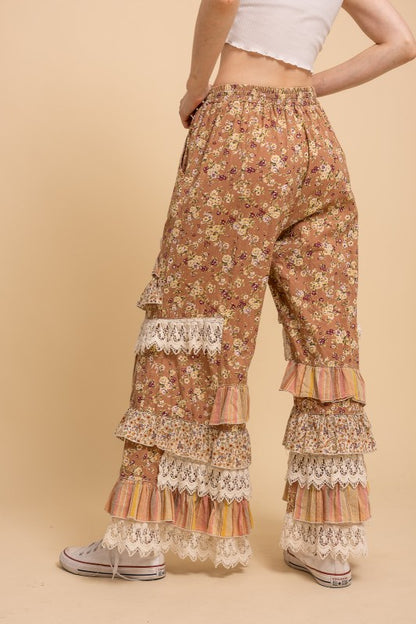 Floral Print Tiered Ruffle Wide Leg Pants