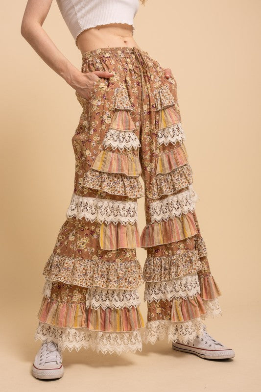 Floral Print Tiered Ruffle Wide Leg Pants