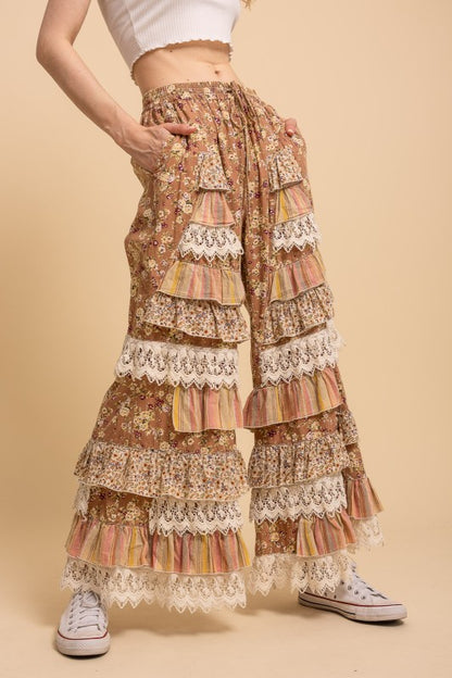 Floral Print Tiered Ruffle Wide Leg Pants