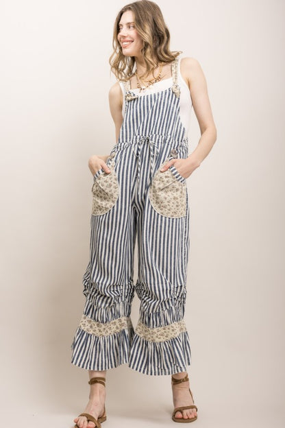 STRIPE CINCHED RUFFLE HEM BLOOMER OVERALLS