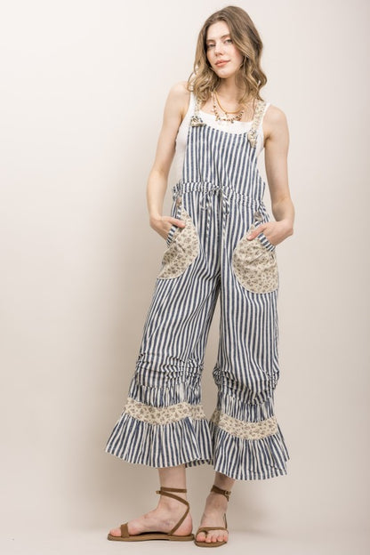 STRIPE CINCHED RUFFLE HEM BLOOMER OVERALLS