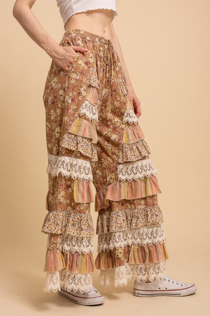 Floral Print Tiered Ruffle Wide Leg Pants