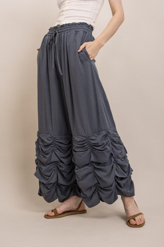 RUCHED RUFFLE HEM WIDE LEG PANTS
