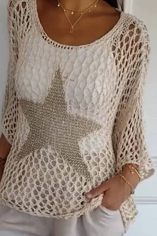 Star Mesh Knit Cover-Up Top: BEIGE / M