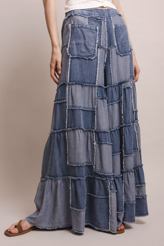 Island Drift Patchwork Chambray Tiered Pants