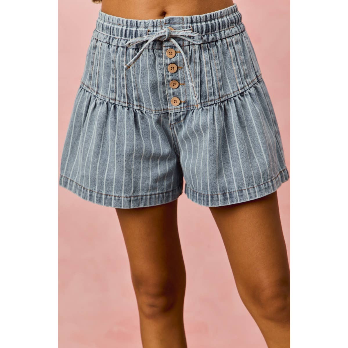 Ocean Stripe Pintuck Denim Shorts