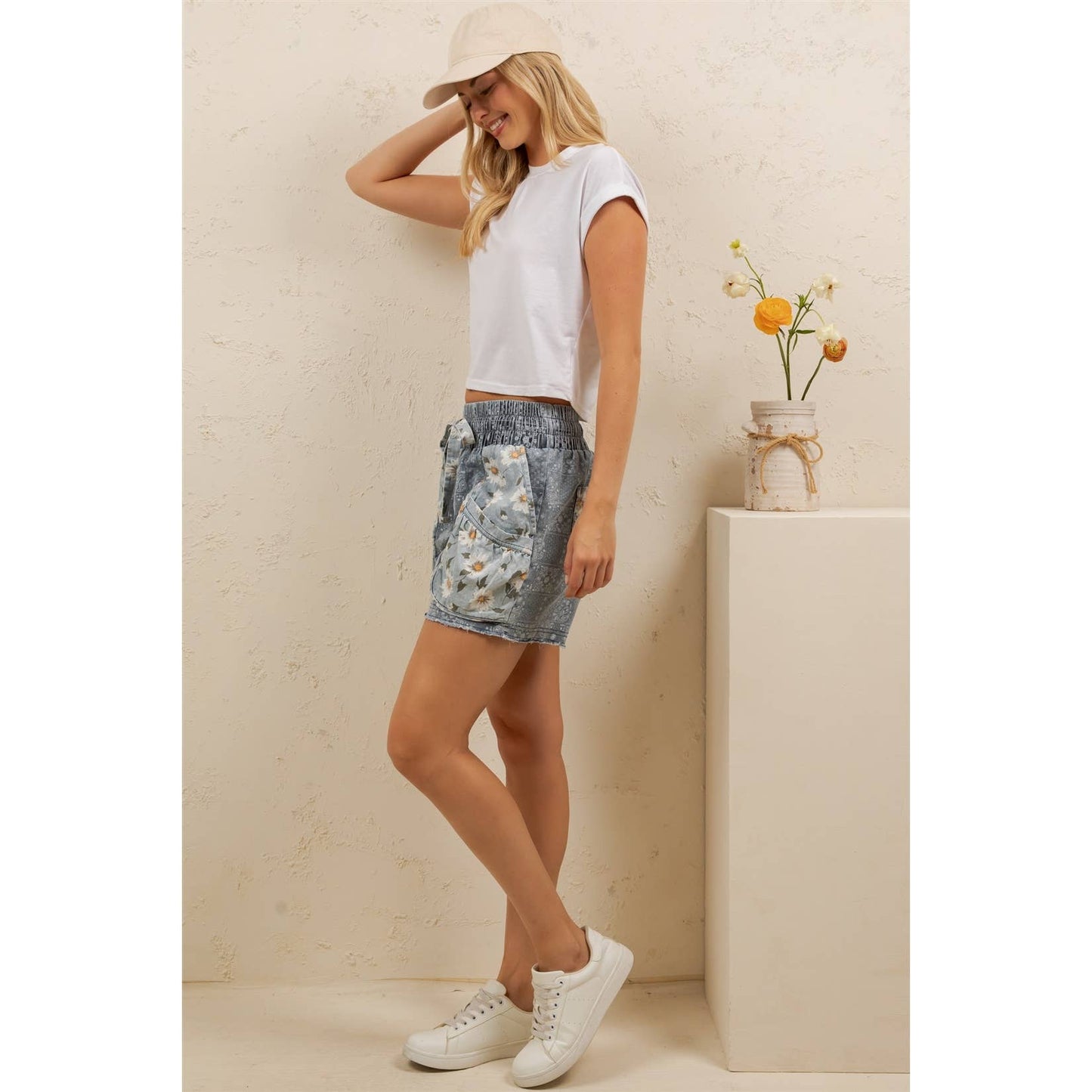 Coastal Daisy Patchwork Denim Shorts