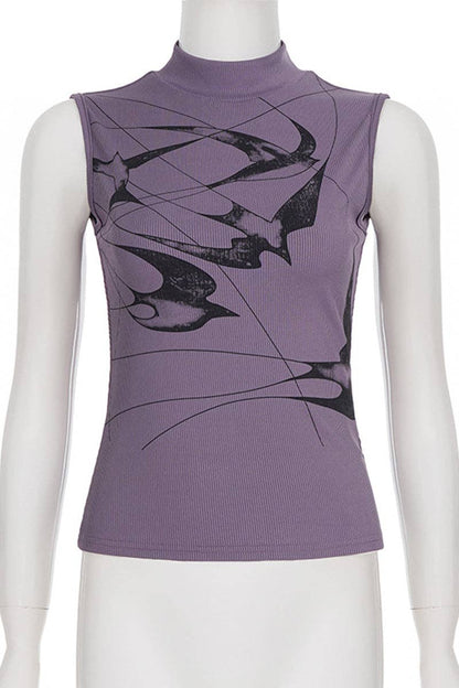 Abstract Pattern Sleeveless Mock Neck Top: PURPLE / M