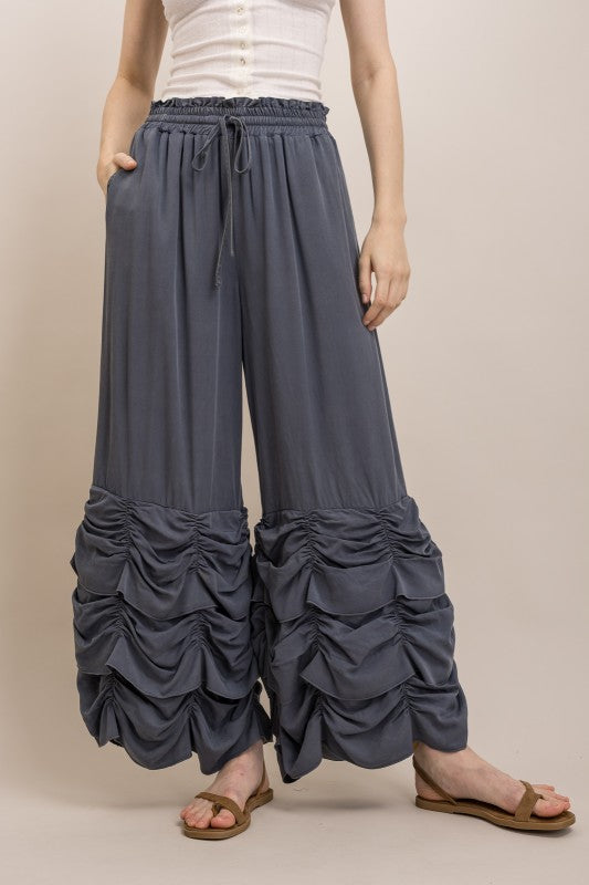 RUCHED RUFFLE HEM WIDE LEG PANTS