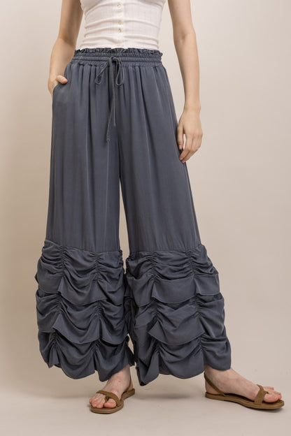 RUCHED RUFFLE HEM WIDE LEG PANTS