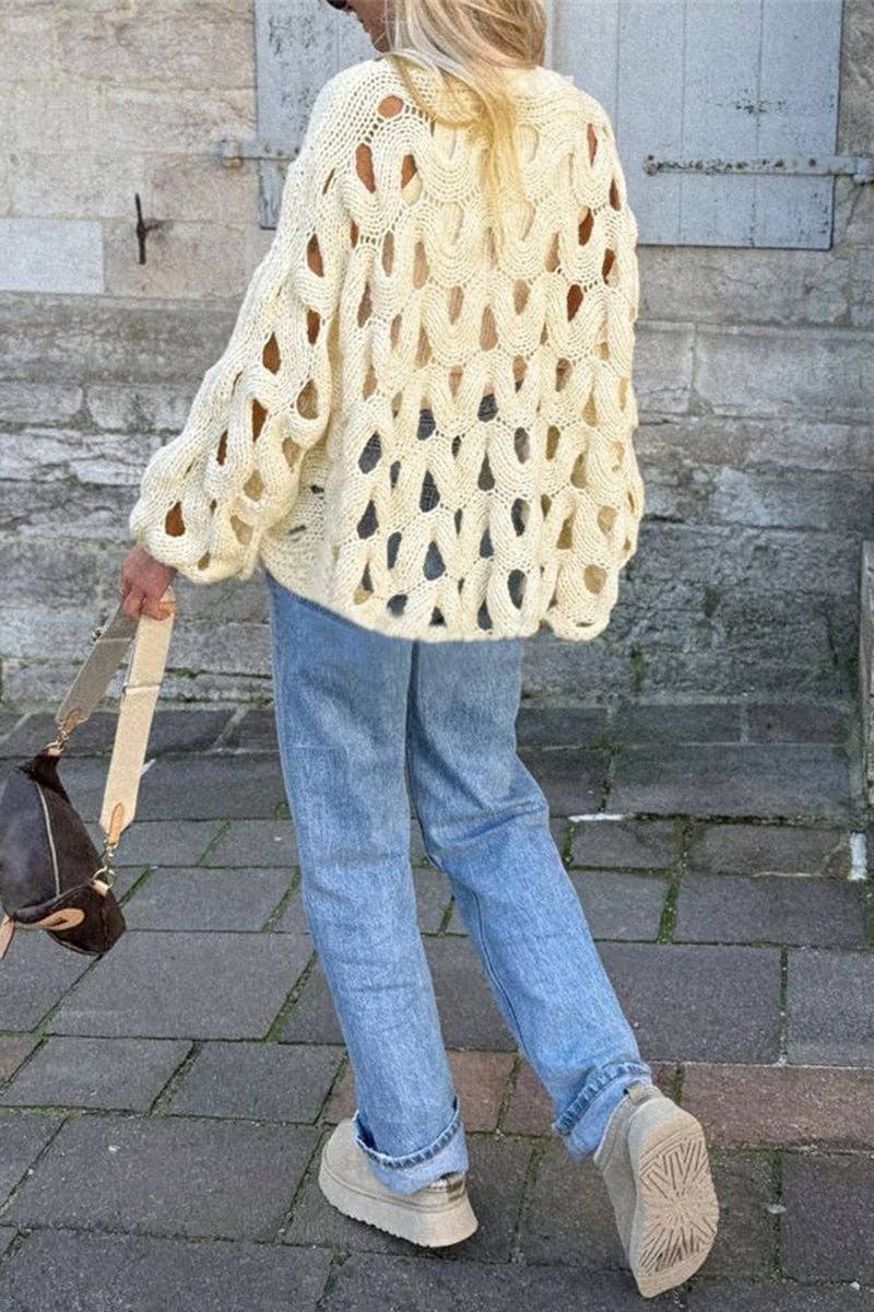 Open-Knit Balloon Sleeve Sweater: WHITE / XL